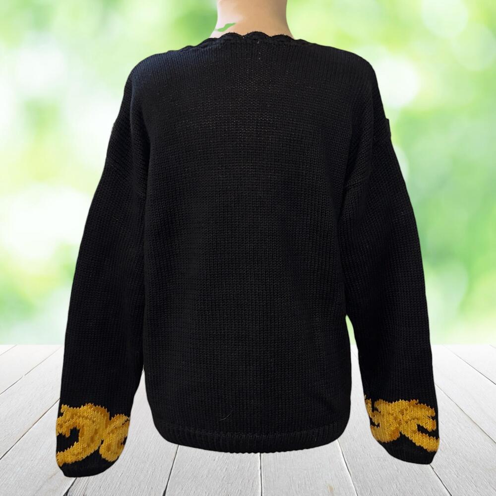 Vintage Statement Sweater Baroque Floral Scroll Intarsia Chunky Knit Black Sz M - Picture 3 of 10